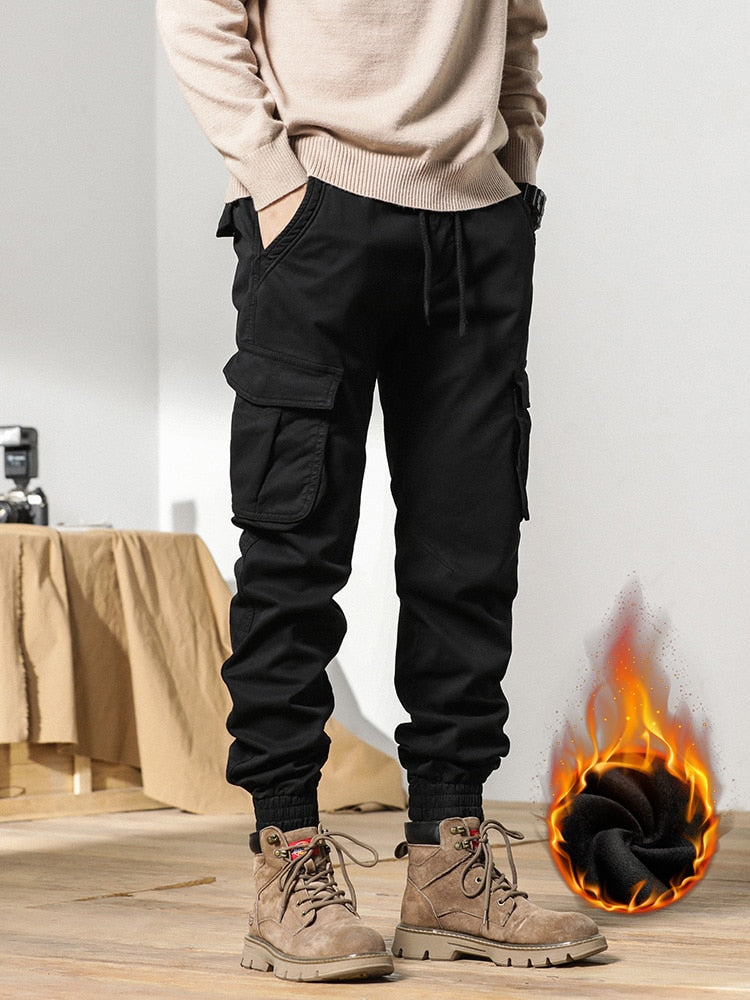 Multi-Pockets Winter Cargo Pants Men Fleece Liner Thick Warm Slim
