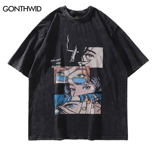 Distressed Oversize grunge T Shirt Streetwear Japanese Anime Eyes Print Retro