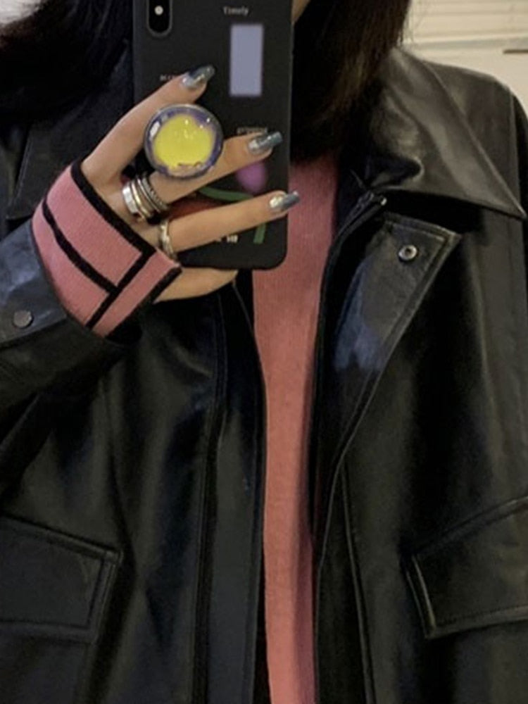 Spring Autumn Cool Retro Casual Oversized Black Waterproof Soft