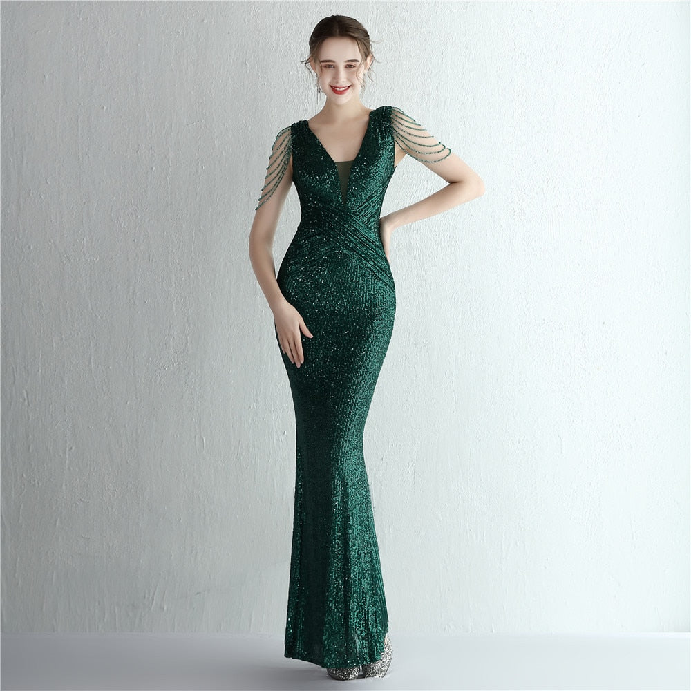 Evening wear Dresses: Evening Dress Long Mermaid Deep V Neck Sequins Maxi
