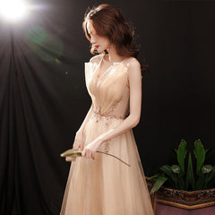 Champagne Evening Dresses V-Neck Sleeveless Elegant Party Train Dress