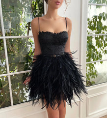 Black Feather Beading Mini Spaghetti Straps Prom Dress Evening Dress For Plus