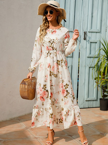 Elegant Floral Print Women Dress Spring Summer Casual O Neck Long Sleeve