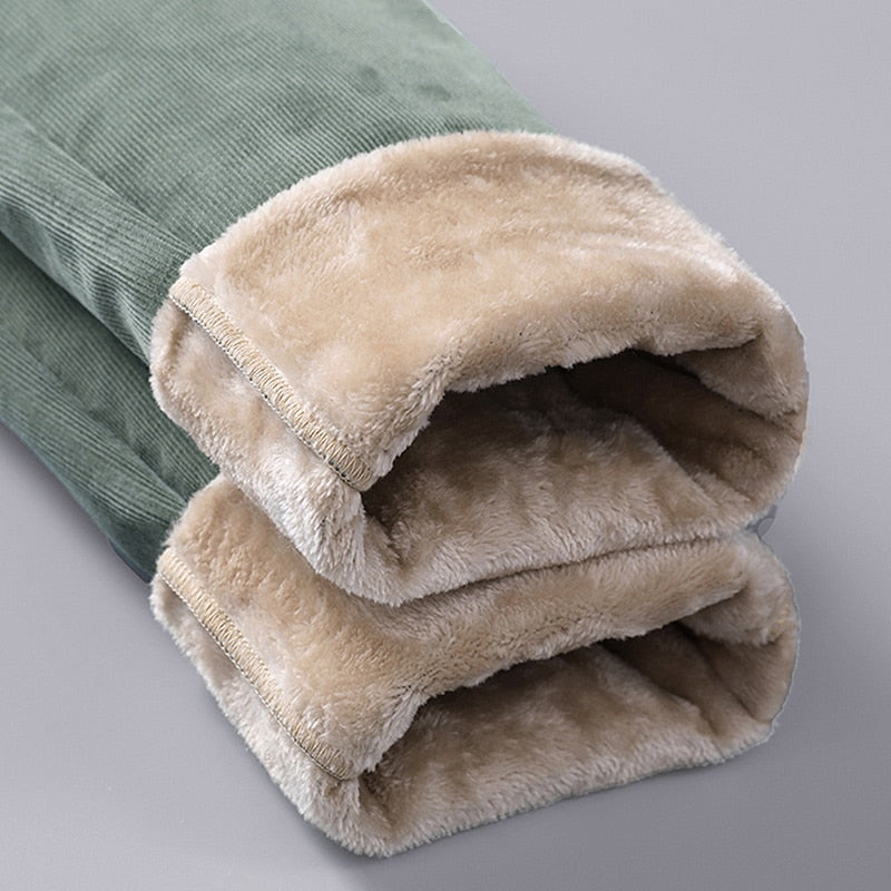 Winter Fleece Warm Corduroy Pants Men Stretch Thick Elastic Waist Fluff Pant