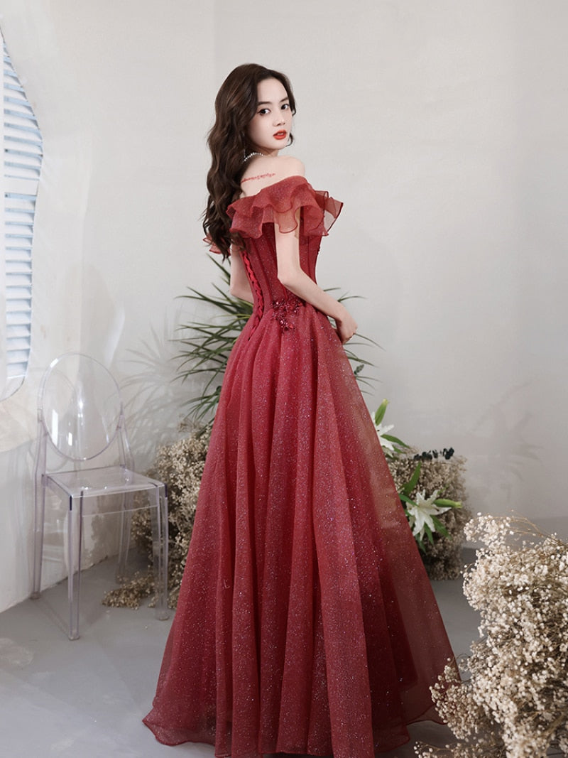 Homecoming Dresses: Wine Red Luxury Beadings Ruffle Long Prom Dresses Off-Shoulder