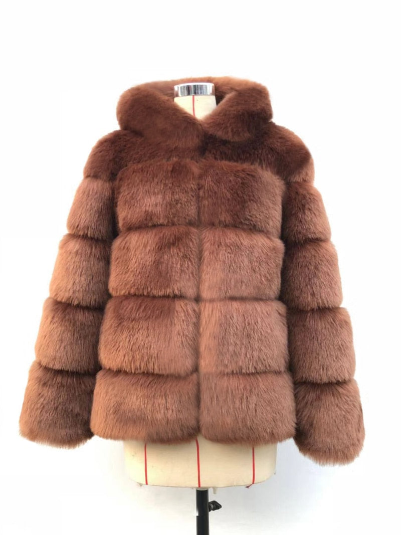 Winter Thick Warm Faux Fur Coat Women Furry Hooded Long Sleeve Faux Fur