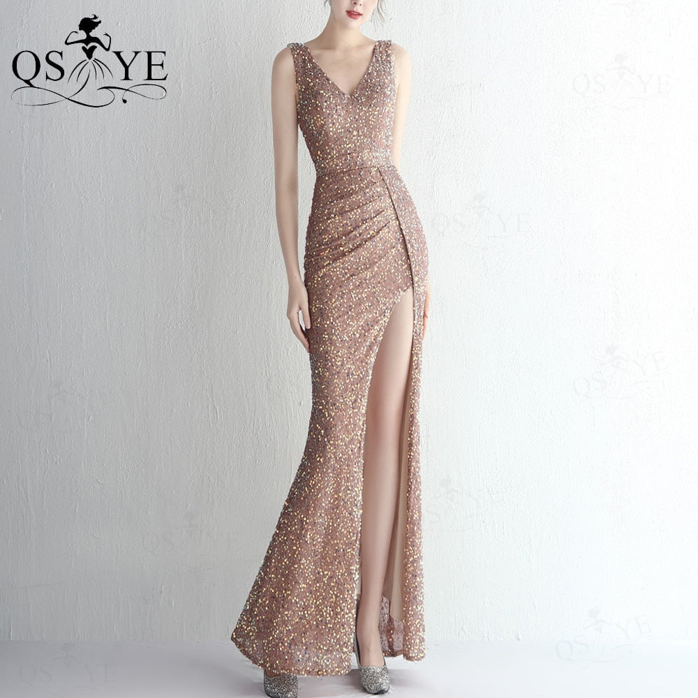 Homecoming Dresses: Sequin Prom Dresses Split Evening Gown Shiny Sleeveless