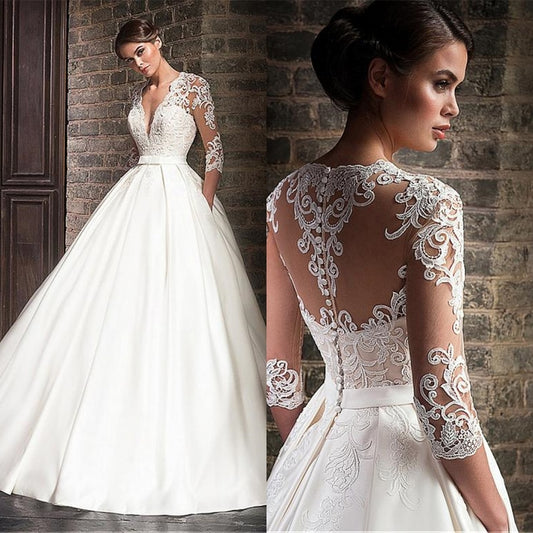 White Bridesmaid Dresses: Wedding Gowns Luxury V-neck Satin With Lace