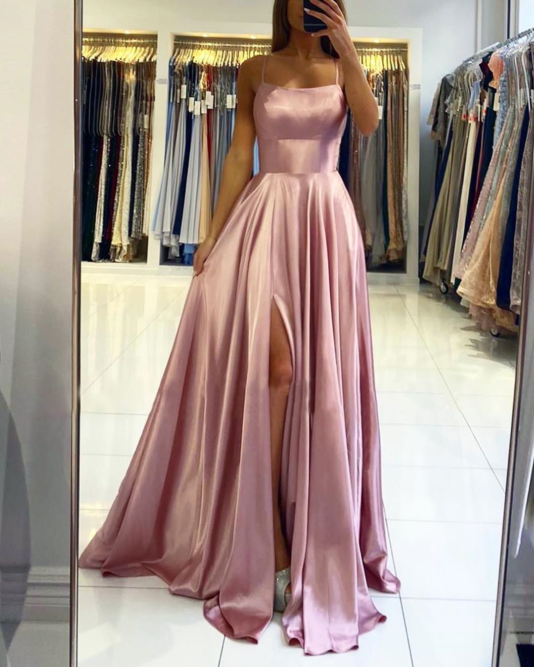 Homecoming Dresses: Prom Dress Satin A-line Gown with Strappy Lace Up Back