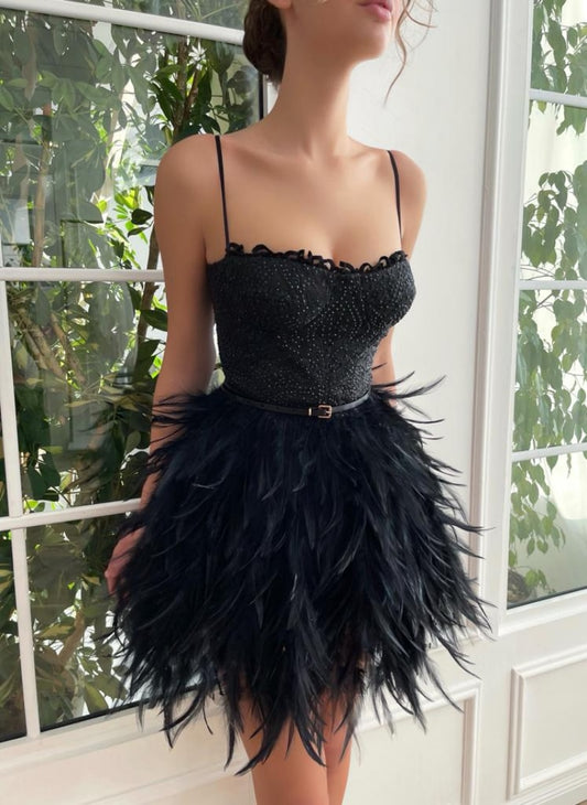 Black Feather Beading Mini Spaghetti Straps Prom Dress Evening Dress For Plus