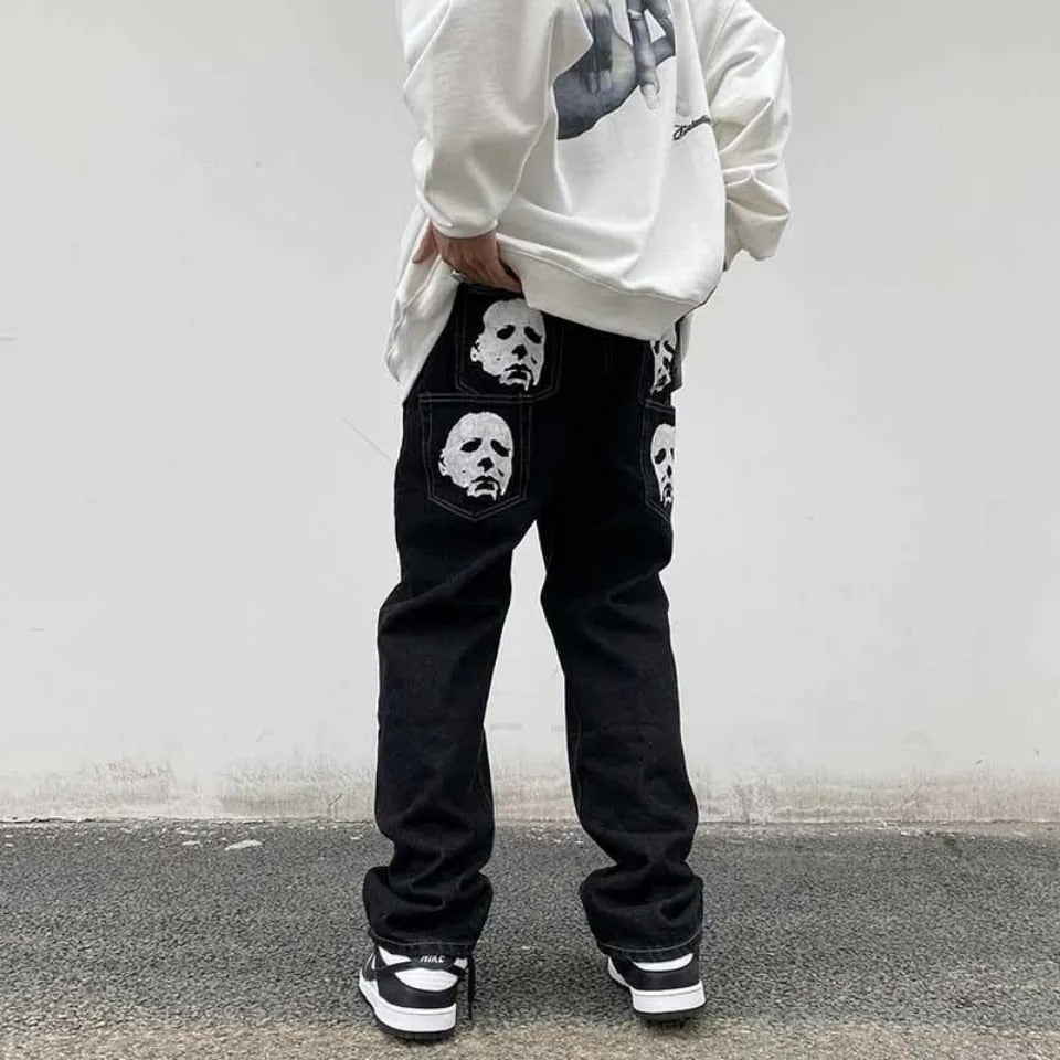 Men jeans solid color head print American y2k retro straight loose large size