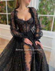 Booma Black Sweetheart Lace A-Line Prom Dresses Long Puff Sleeves Rhinestones