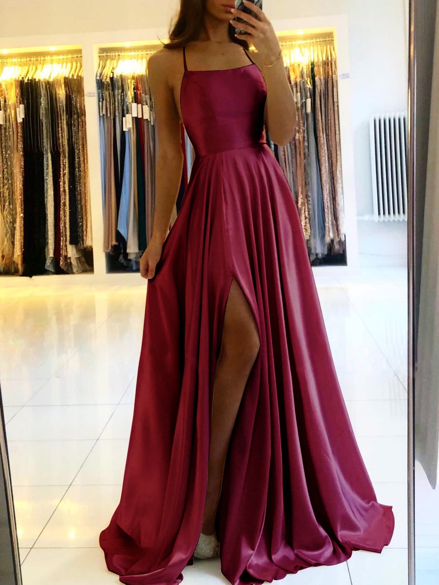 Homecoming Dresses: Prom Dress Spandex satin Slit Side Dress A-LINE Scoop Stretch