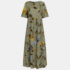 Vintage Floral Long Dress Women Summer Elegant Linen Short Sleeve Boho Maxi