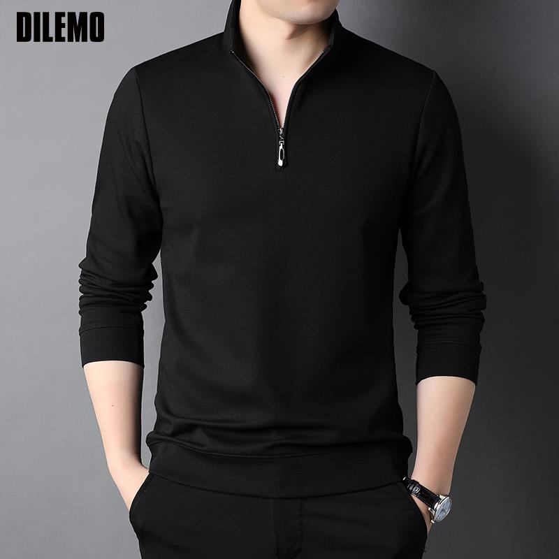 Fashion Brand Luxury Zipper Polo Shirt Men Casual Plain Korean Solid Color Long