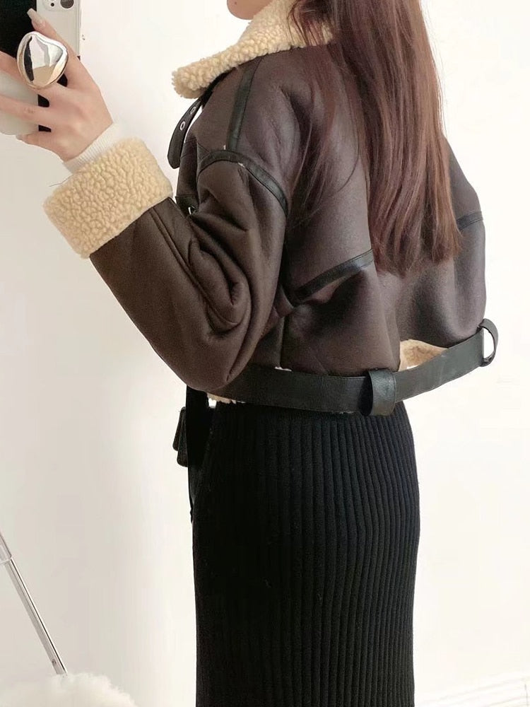 Winter Women Streetwear Faux Lamb Leather Fur Short Jacket