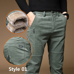 Winter Fleece Warm Corduroy Pants Men Stretch Thick Elastic Waist Fluff Pant