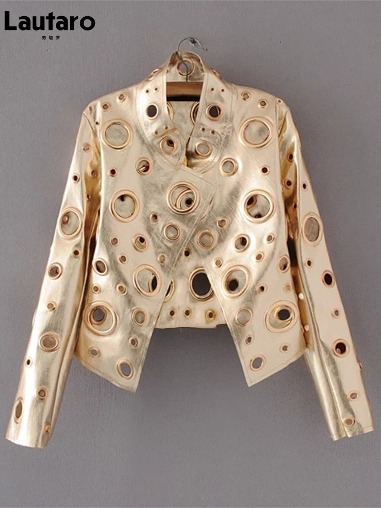 Runway Cut Out Short Faux Leather Jacket Golden Rivet Cool Stylish