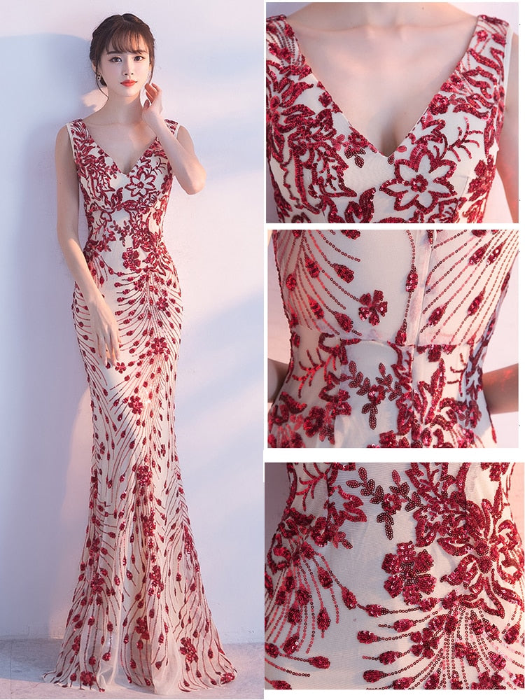 Evening wear Dresses: Evening Dress Sleeveless Sequins Robe De Soiree V-neck Tulle