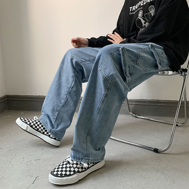 Baggy Men Jeans Straight Cargo Pants Spring Autumn Fashion Vintage Blue Denim