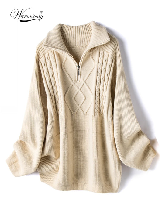 Women Oversized Cable-knit Wool Sweater Thick Warm Knitted Pullover Solid
