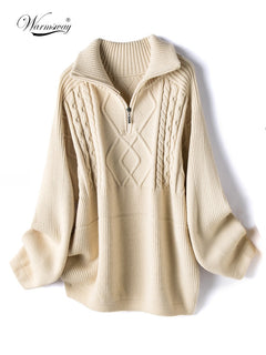 Women Oversized Cable-knit Wool Sweater Thick Warm Knitted Pullover Solid