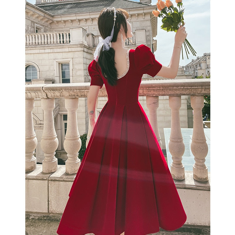 Homecoming Dresses: Red Prom Dresses Square Collar Puff Sleeve Backless