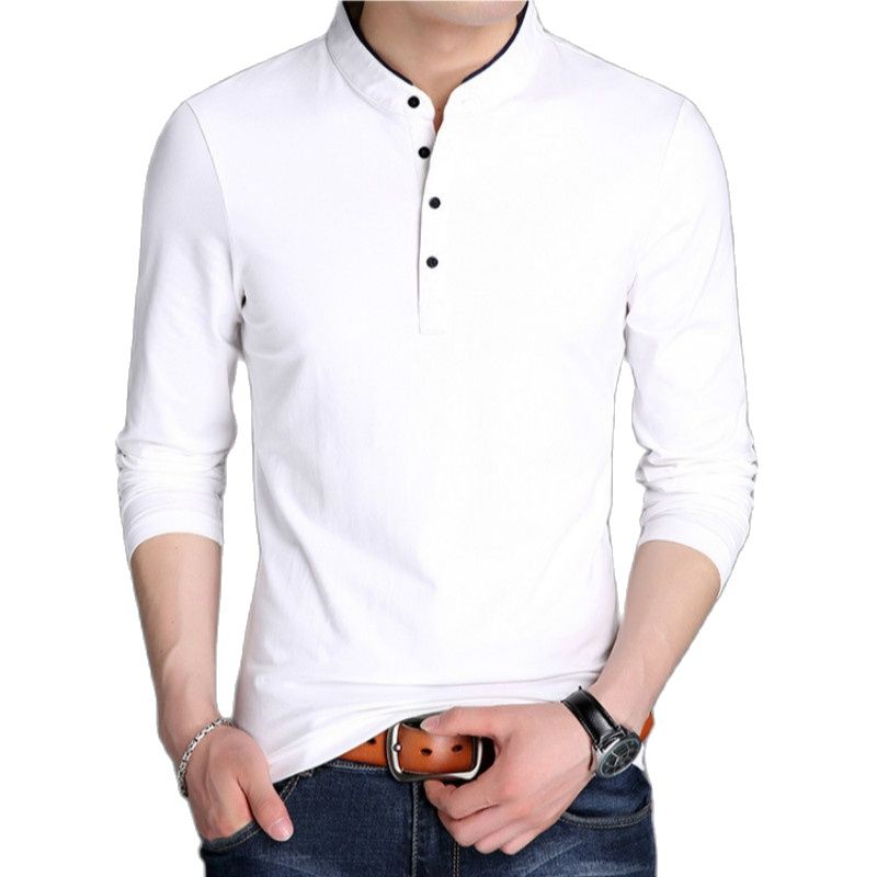 Spring Men Long Sleeve T Shirts Half Buttons Stand Collar Cotton