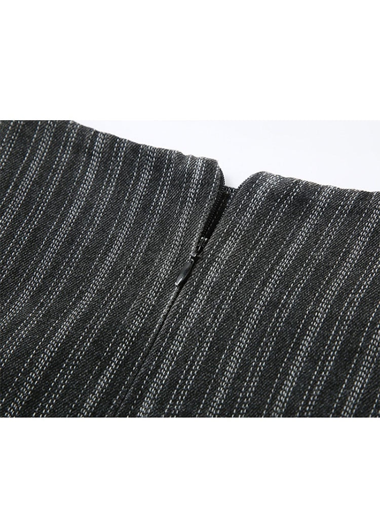 Pleated Skirt Women High Waist Grey Stripe Bandage Mini Skirts
