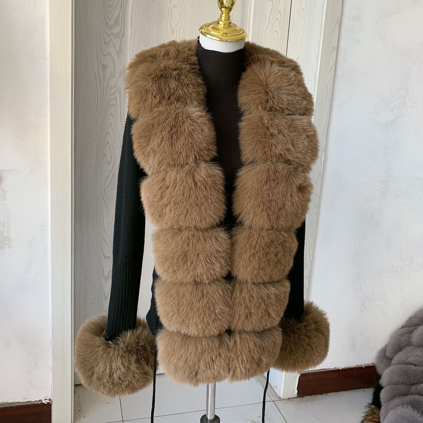 Women Faux Fur Knit Sweater cardigan Spring Autumn elegant Knitted sweater