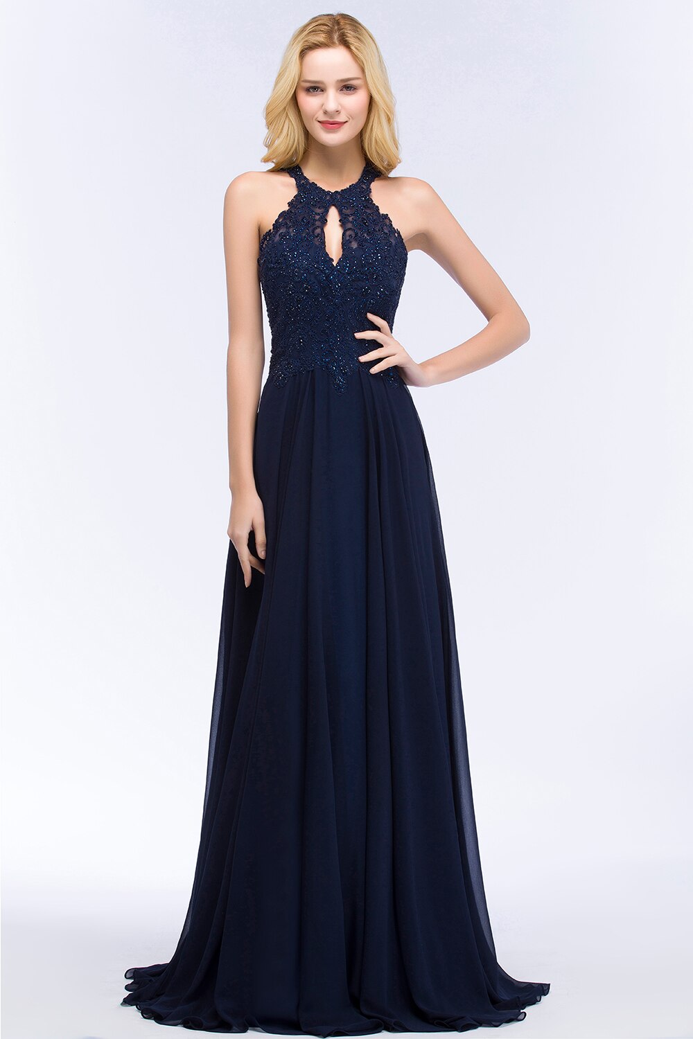 Homecoming Dresses: Prom Dress Halter Neck Bodice Layered in Embroidered