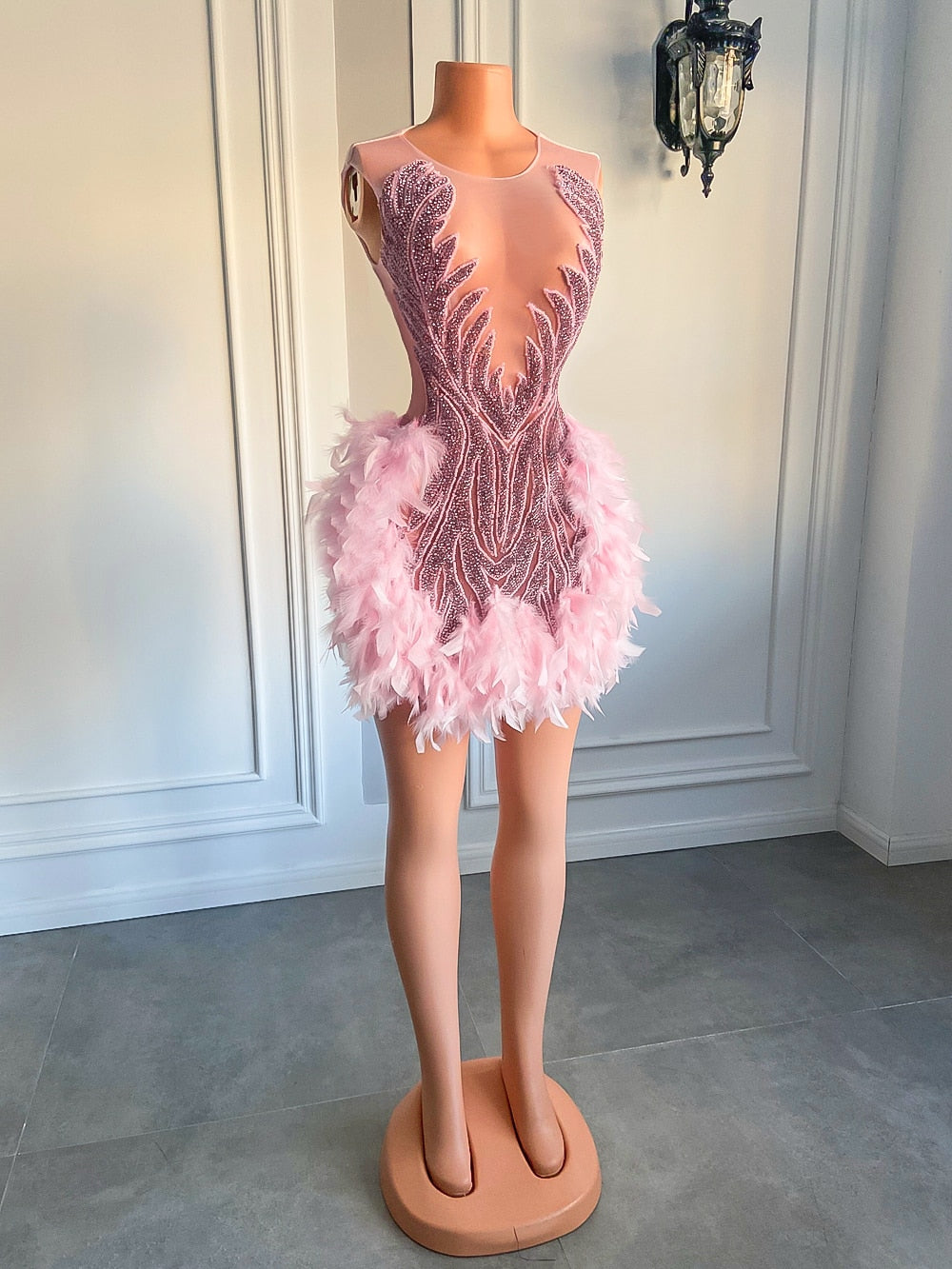 Luxury Sheer Neckline Women Cocktail Dress Pink Feather Black Girl Short