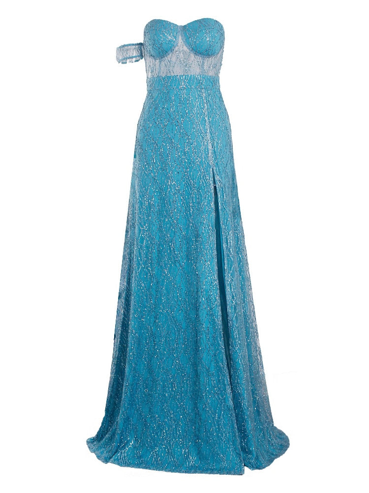 Homecoming Dresses: One Sleeve Strapless Long Ball Gown Split Leg Hollow Out