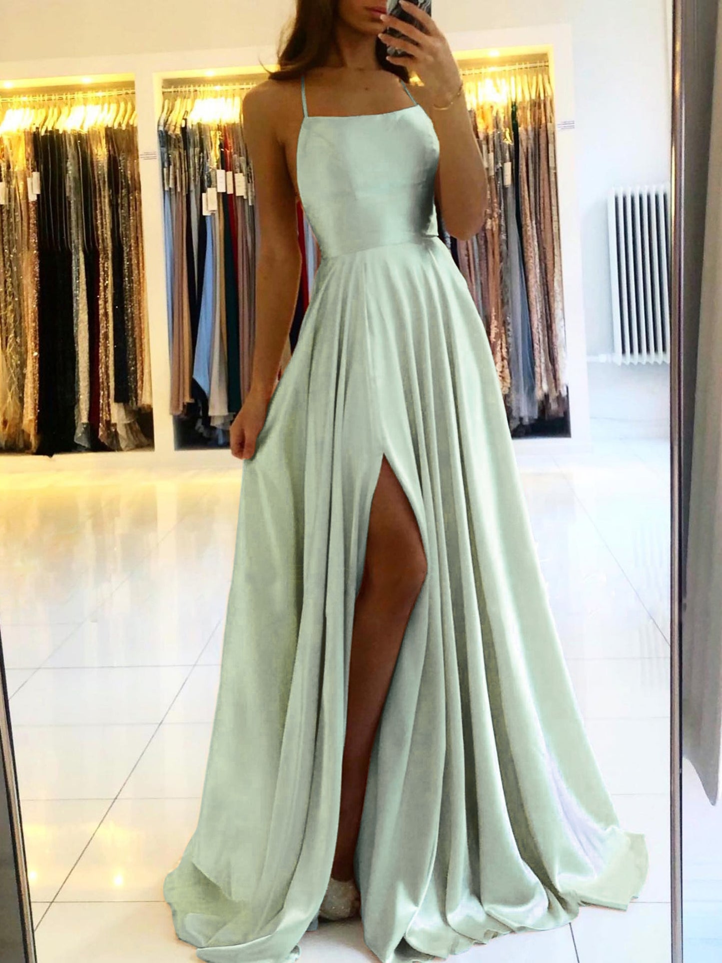 Homecoming Dresses: A-line Long Satin Prom Dresses Women Simple Spaghetti Straps