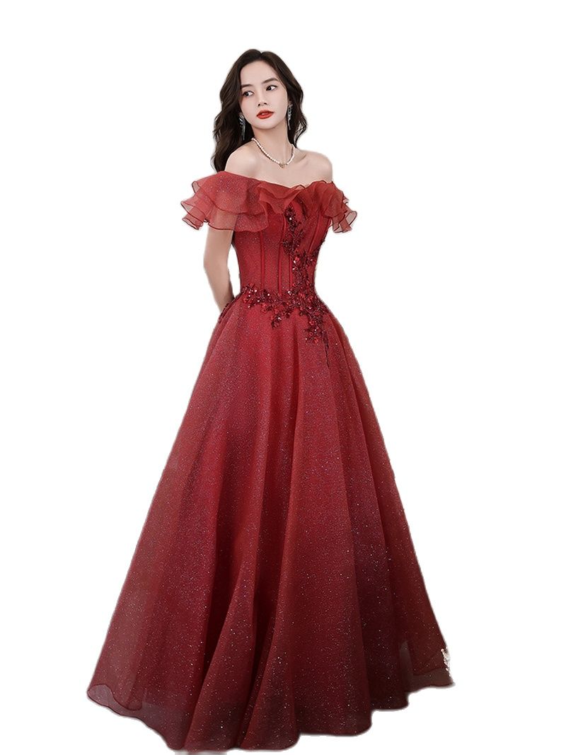 Homecoming Dresses: Wine Red Luxury Beadings Ruffle Long Prom Dresses Off-Shoulder