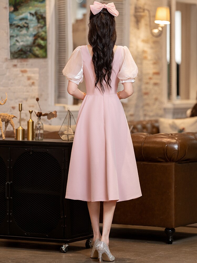 Evening wear Dresses: Pink Prom Dress Puff Sleeve Collar Mid-Length A-Line Party