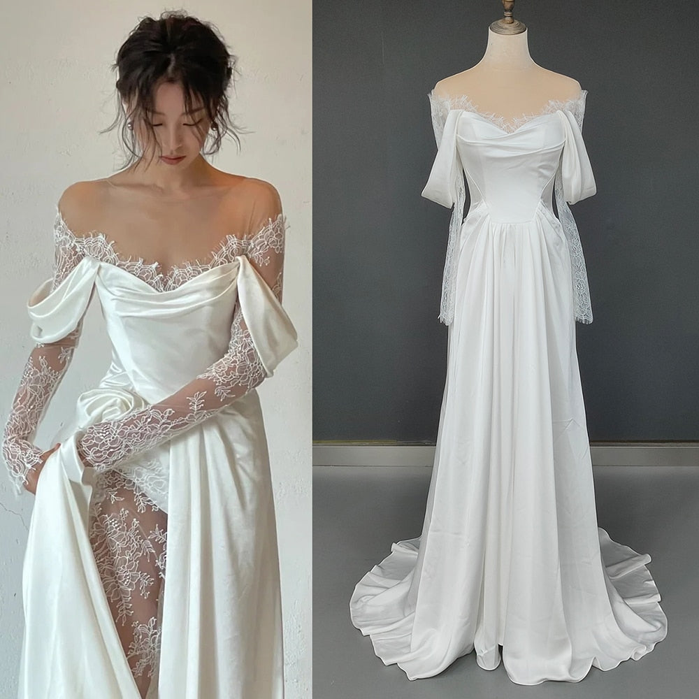 White Bridesmaid Dresses: Off Shoulder Lace Wedding Gowns Big Size A Line