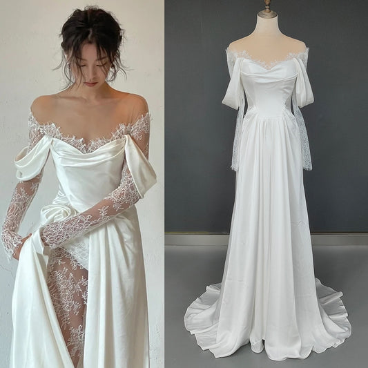 White Bridesmaid Dresses: Off Shoulder Lace Wedding Gowns Big Size A Line