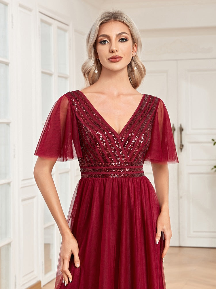 Evening wear Dresses: A-LINE Chiffon Short Sleeve V-Neck Simple Sequins Wedding