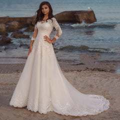 Long Wedding Dress Elegant Long Sleeves V Neck Lace Appliques