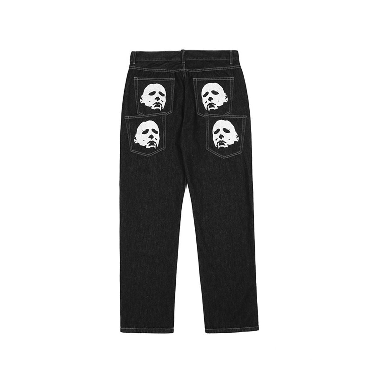Men jeans solid color head print American y2k retro straight loose large size