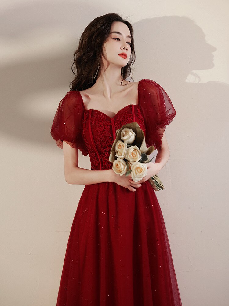 Evening wear Dresses: Red Women Prom Dress Illusion Lace Applique Tulle