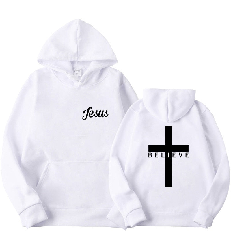 Men Believe Cross Jesus Printed Hoodies Man Design Drawstring Hoodie
