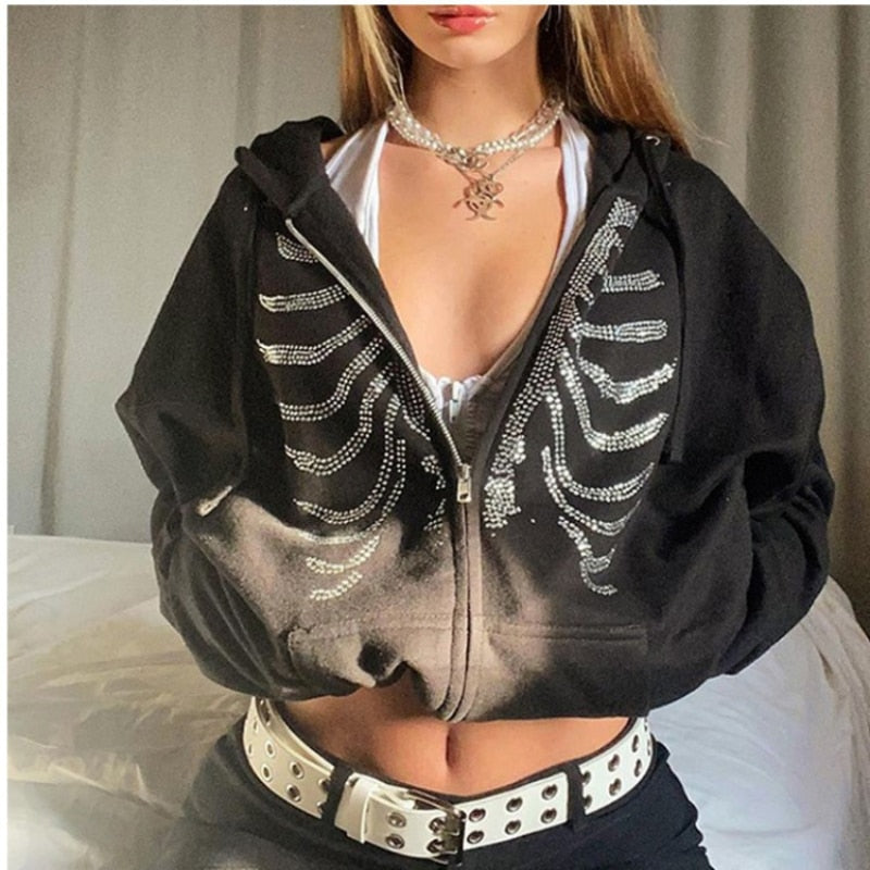 Rhinestone Skeleton Hoodies Women Gothic Black Zip Up Oversized