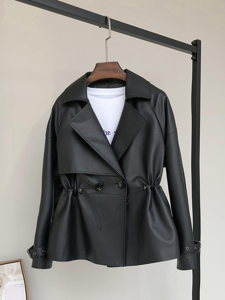 Spring Black Short Soft Faux Leather Trench Coat for Women Coats