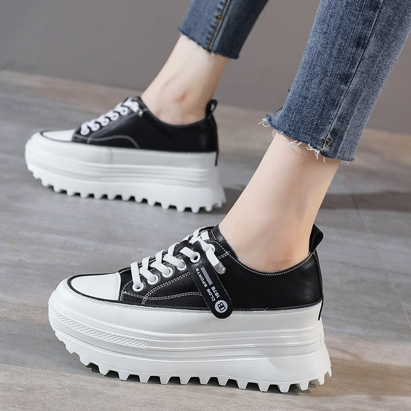 Genuine Leather Platform Wedge Shoes Chunky Sneaker White Casual Shoes Comfortable