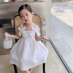 Girl Dress Children White Suspender Bow Clothes Small And Medium