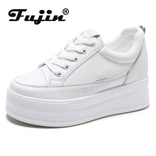 Fujin 7cm Microfiber Leather Women Casual Shoes White Platform Wedge Hidden Heel