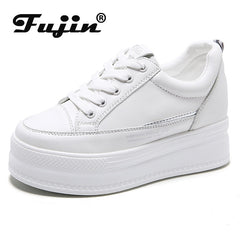 Fujin 7cm Microfiber Leather Women Casual Shoes White Platform Wedge Hidden Heel