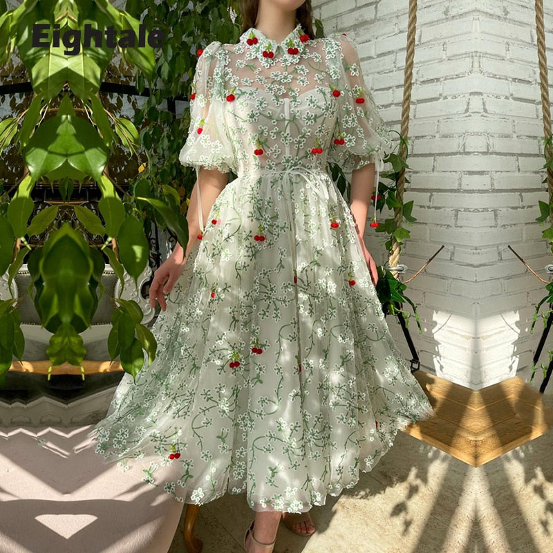 Evening wear Dresses: Eightale Embroidered Prom Dresses Pockets Lace